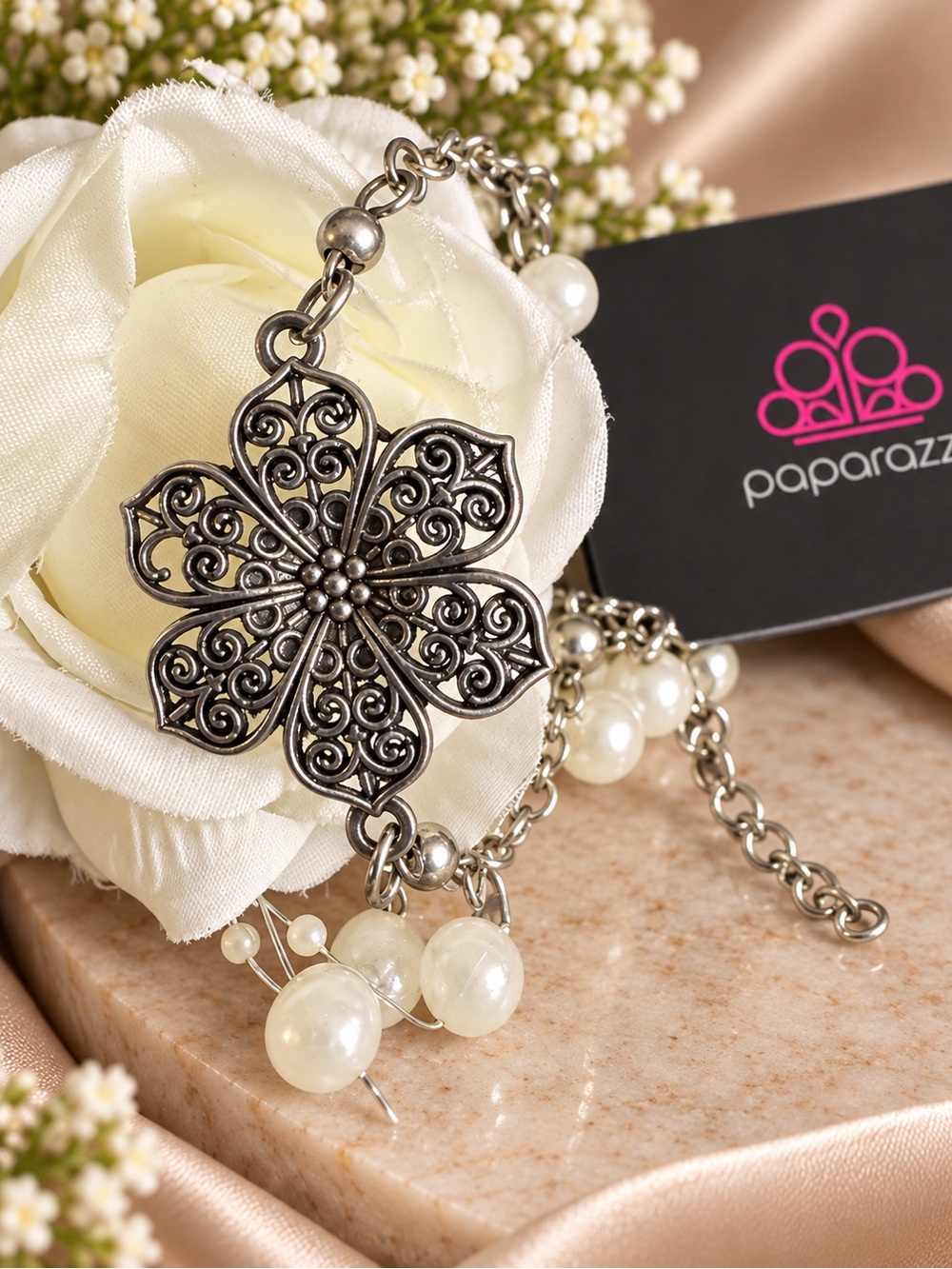 paparazzi Silver Filigree Flower Bracelet with Cream Pearls